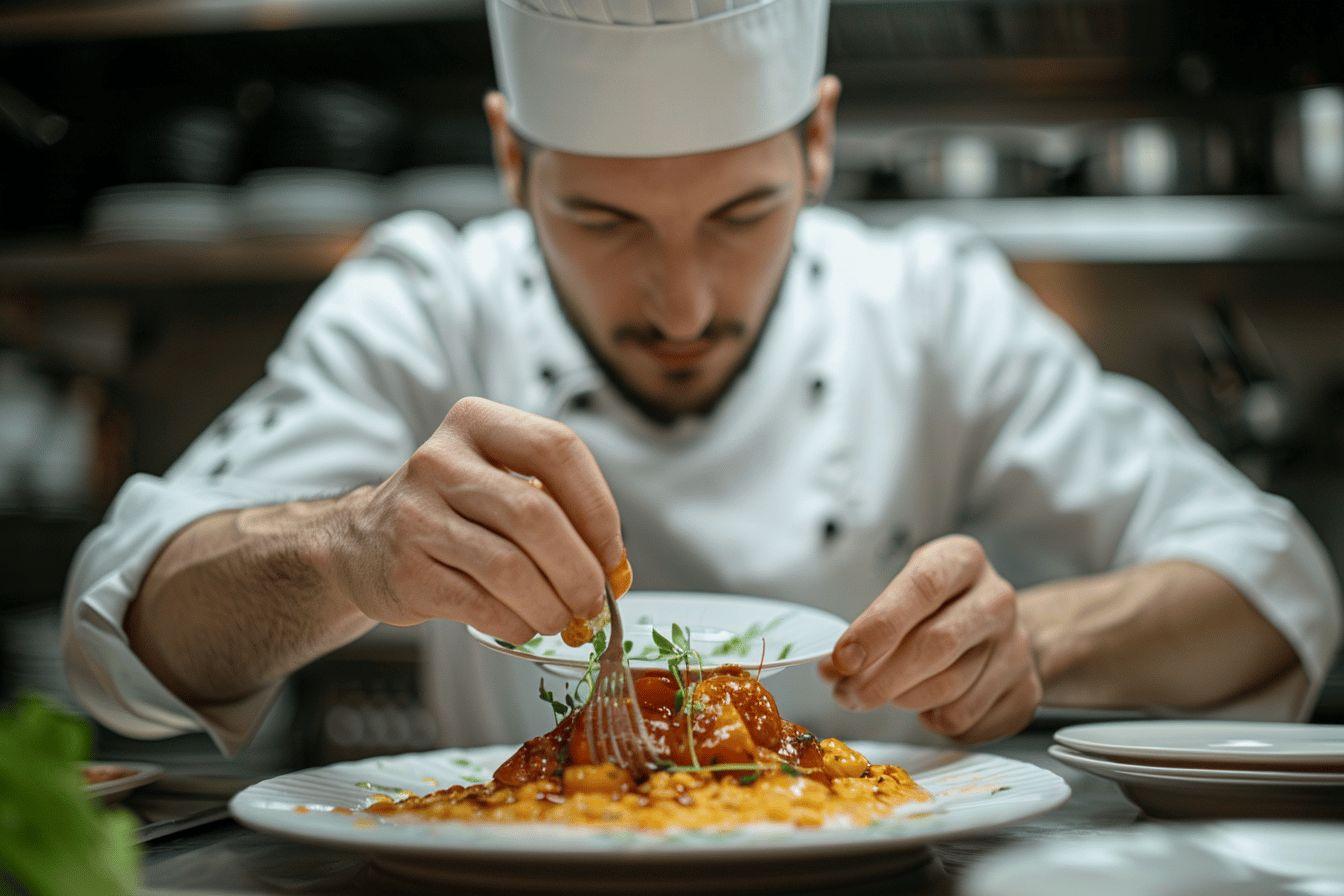 A chef in a white uniform meticulously arranging and garnishing a dish on a plate.