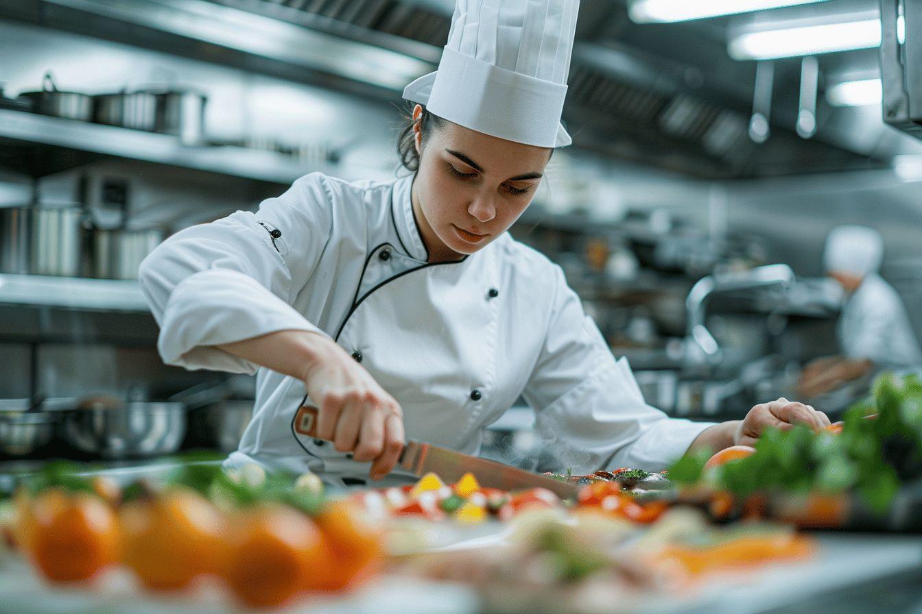 A chef in a white uniform chopping and preparing various colorful vegetables on a kitchen counter