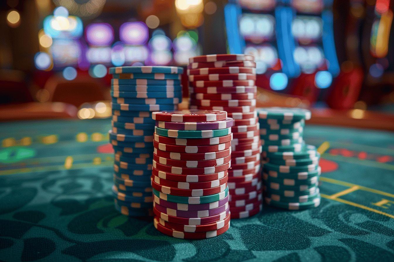 Stacks of red, blue, and green poker chips on a green felt table