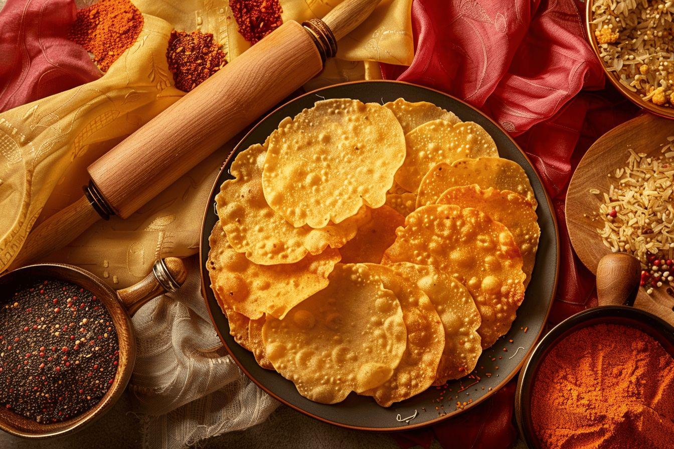 Plate of golden fried flatbreads surrounded by spices and cooking utensils