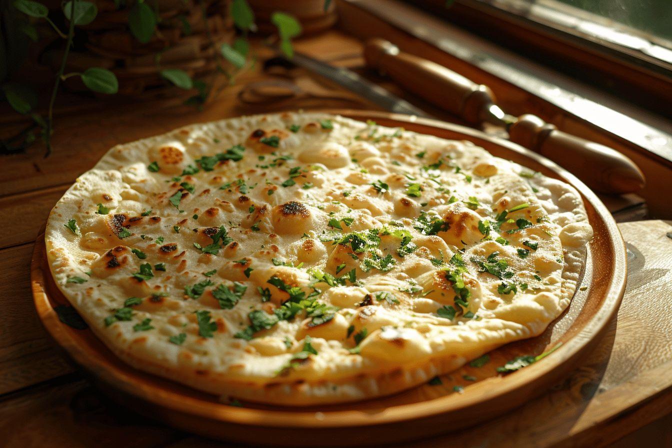 Freshly baked naan bread topped with roasted garlic and fresh herbs