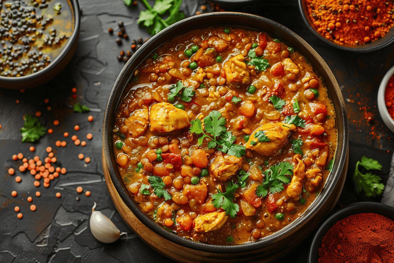 A bowl of flavorful lentil and chicken curry with fresh herbs