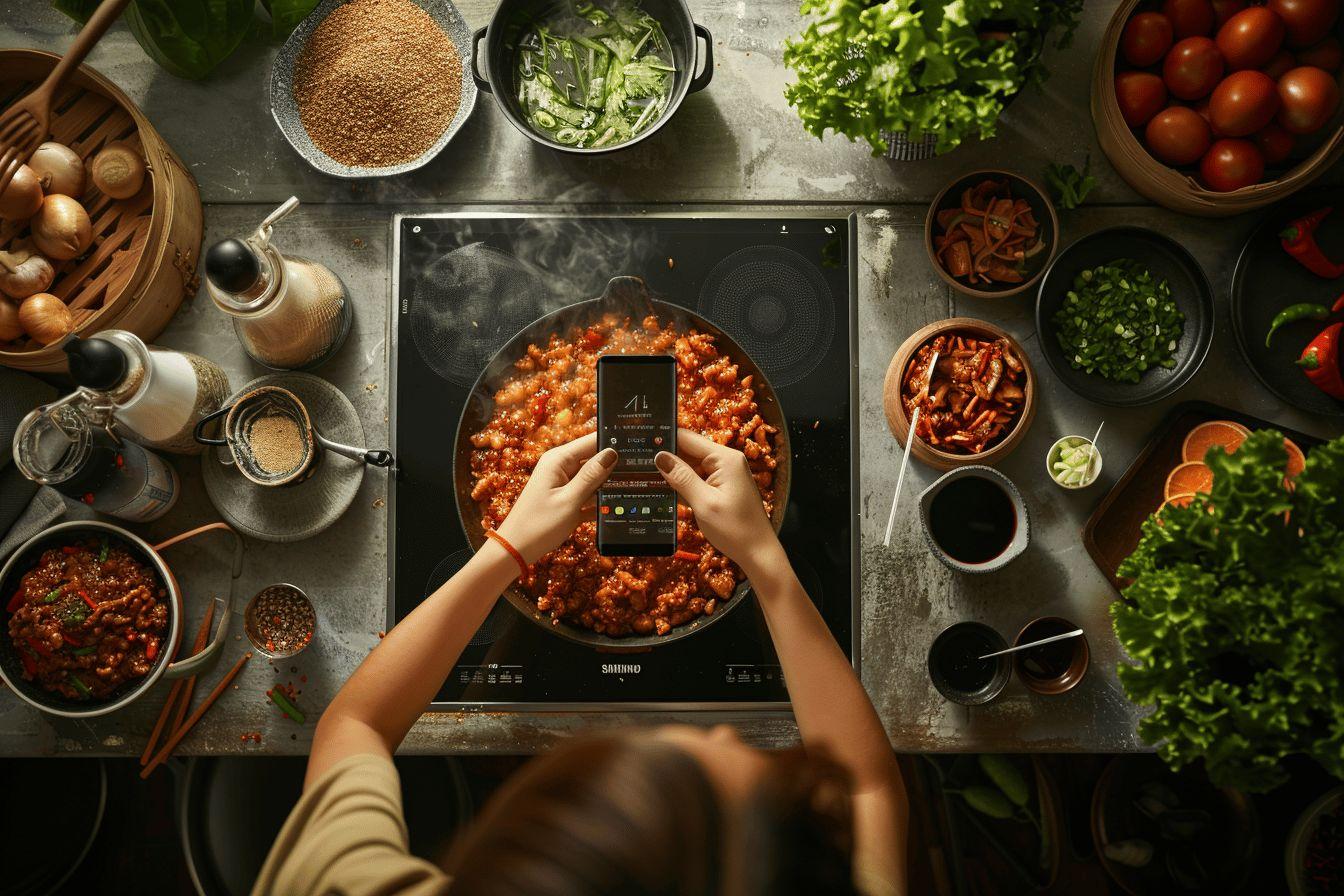 Hands holding a smartphone over a pot of simmering food on a stove surrounded by various cooking ingredients