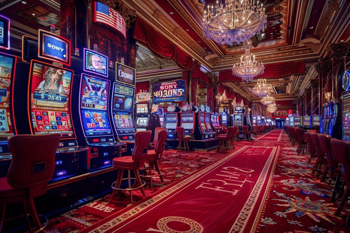 Lavish casino interior with chandeliers, slot machines, and red carpets.