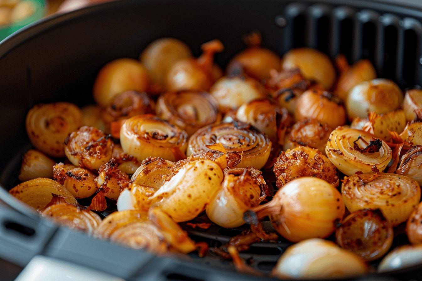 A baking tray filled with golden-brown roasted potatoes and onions