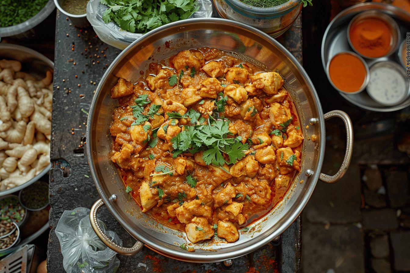 A close-up view of a delicious Indian chicken curry dish