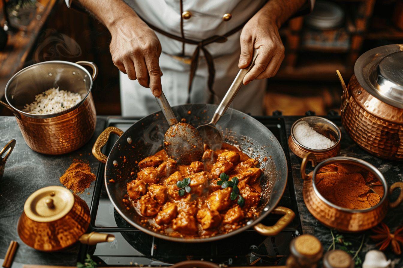 Close-up of chef's hands preparing a spicy Indian chicken curry dish