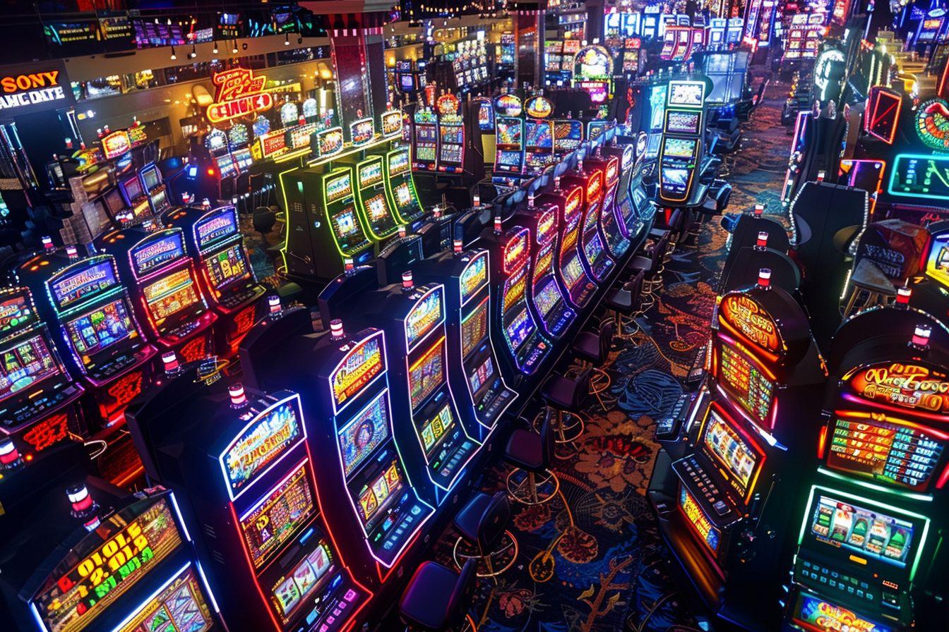 A bustling casino floor filled with rows of brightly lit slot machines.